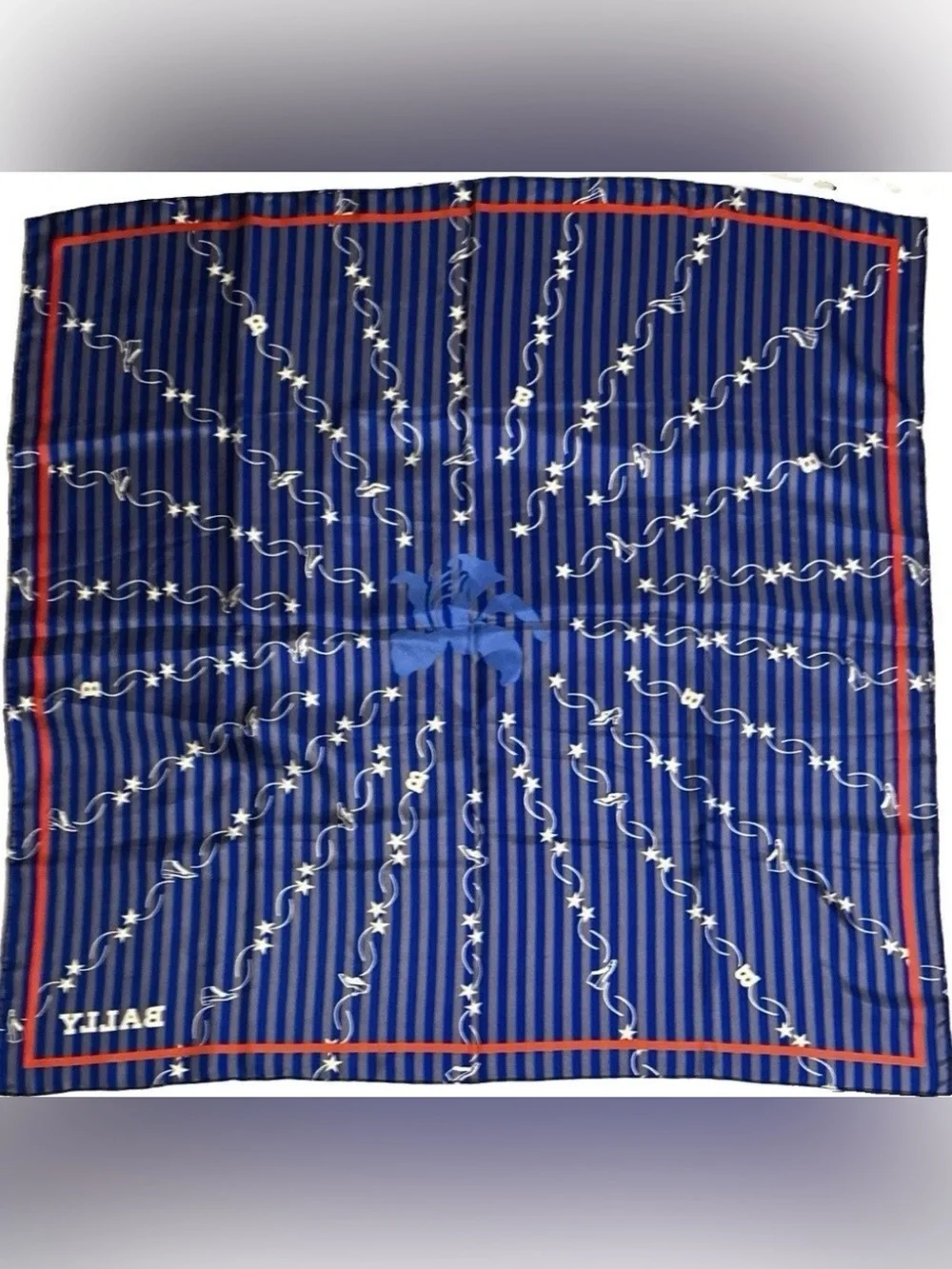 Vintage Bally Stars & Orchid Silk Scarf Blue Red Hand Rolled Made in Italy 34x34